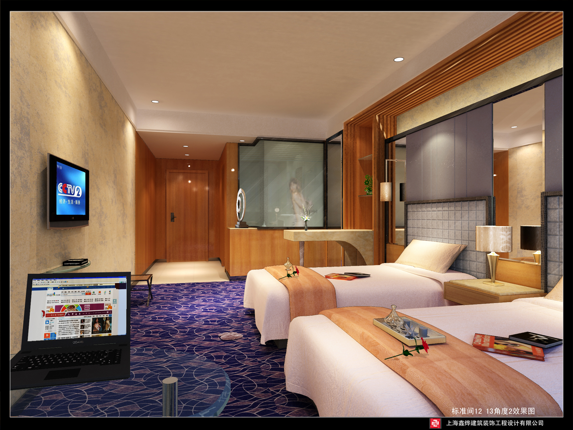 新中式酒店客房双人标间装修效果图_施工图纸_环境设计-图行天下素材网