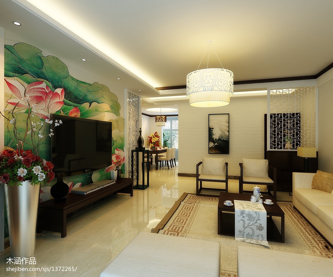新中式客厅影视墙壁画图片大全 – 设计本装修