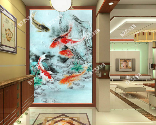 上海 艺术 玻璃/上海艺术玻璃玄关，艺术玻璃隔断，鞋柜玻璃，屏风背景墙《鲤鱼...