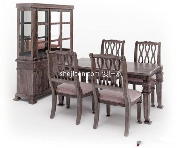 实木中式四人餐椅组合家具3d模型下载