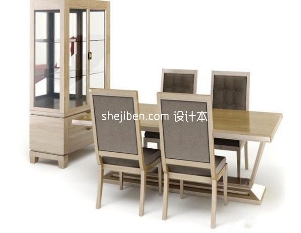 实木中式四人餐桌椅3d模型下载