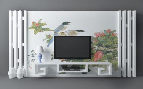 中式画电视背景墙3d模型下载