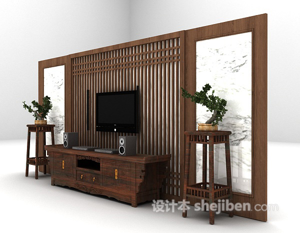 免费中式棕色电视柜3d模型下载