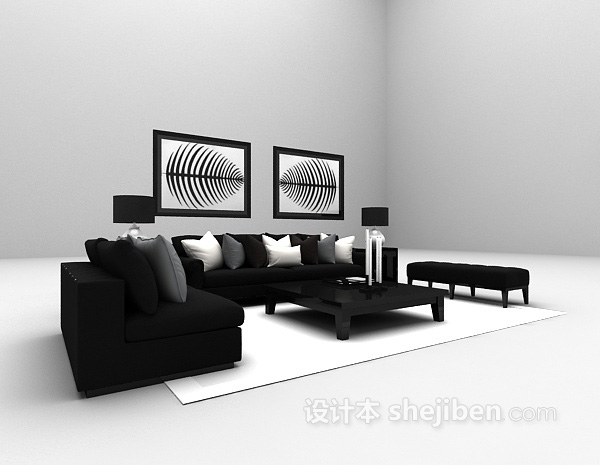 现代黑色沙发组合3d模型下载