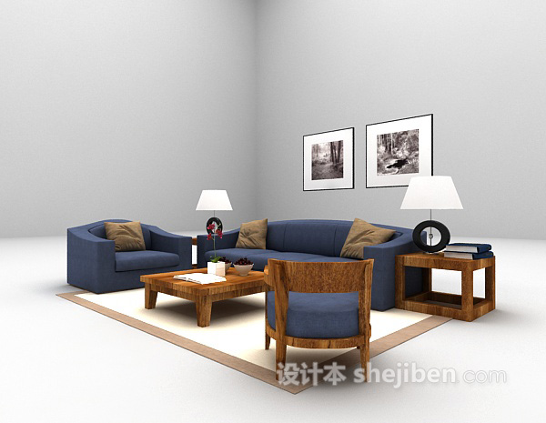 免费蓝色木质沙发3d模型下载