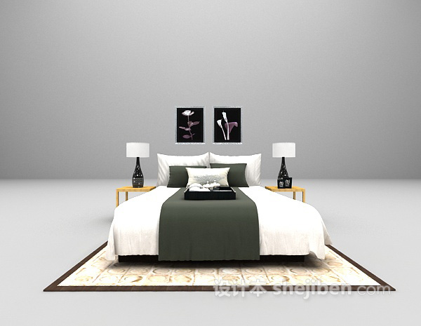 白色现代双人床3d模型下载