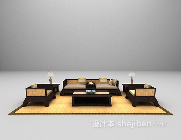 中式木质组合沙发3d模型下载
