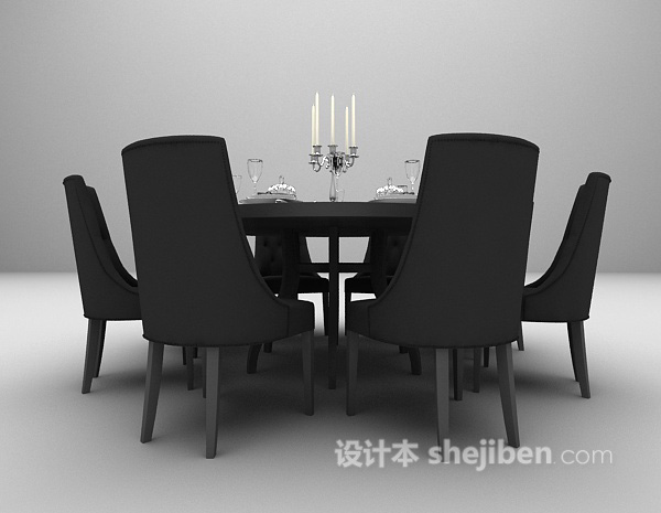 木质圆桌餐桌椅组合3d模型下载
