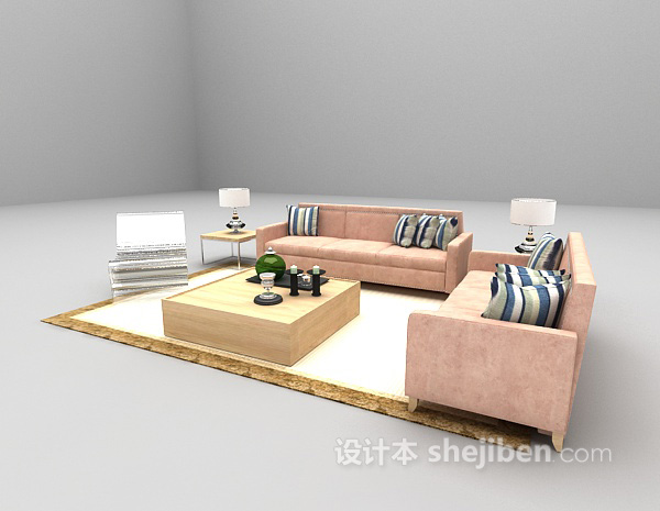 设计本现代粉色沙发组合3d模型下载
