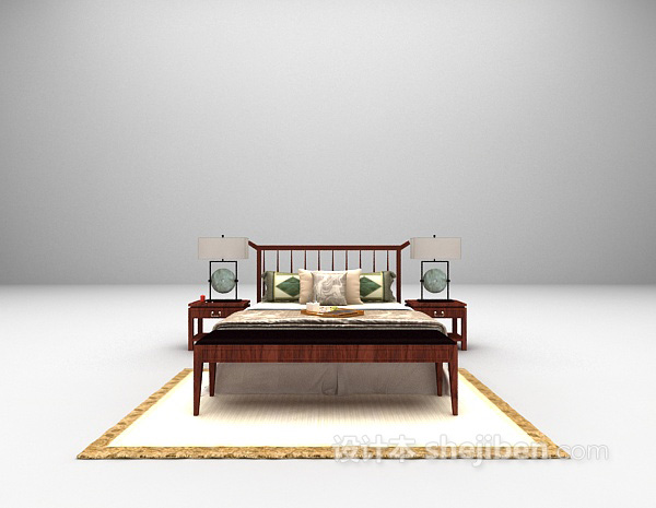 中式木质床3d模型下载