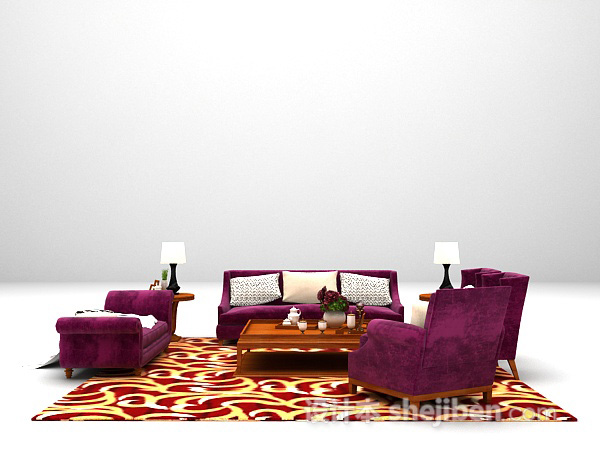 现代风格枚红色沙发组合3d模型下载