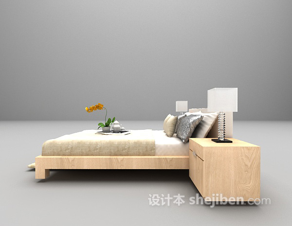 设计本木质双人床3d模型下载