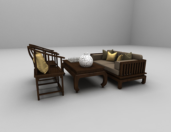 中式风格中式木质沙发3d模型下载