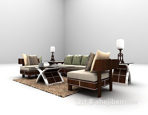 免费田园风格木质沙发3d模型下载