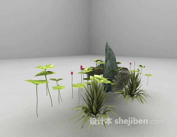 现代风格假山植物装饰3d模型下载