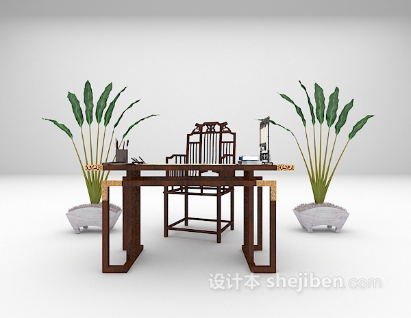 中式书桌组合3d模型下载