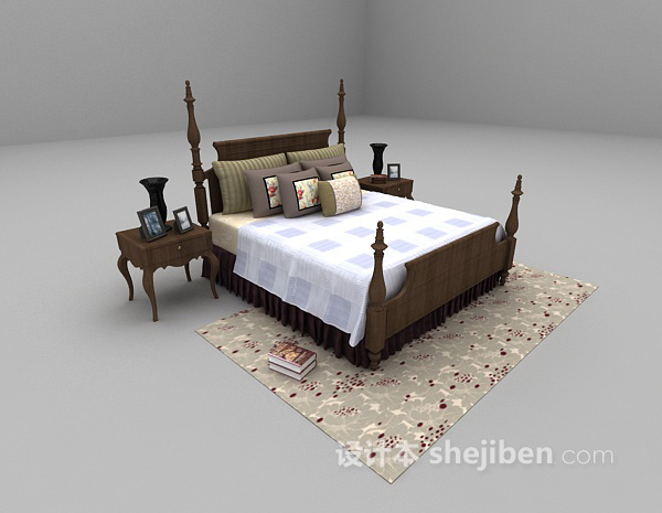 欧式风格木质床3d模型下载