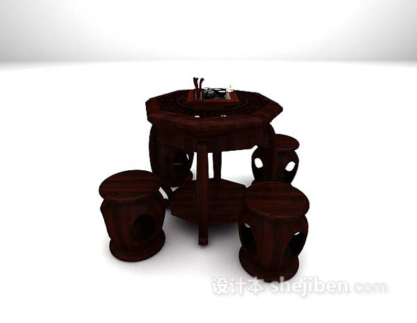 设计本棕色木质桌椅组合3d模型下载