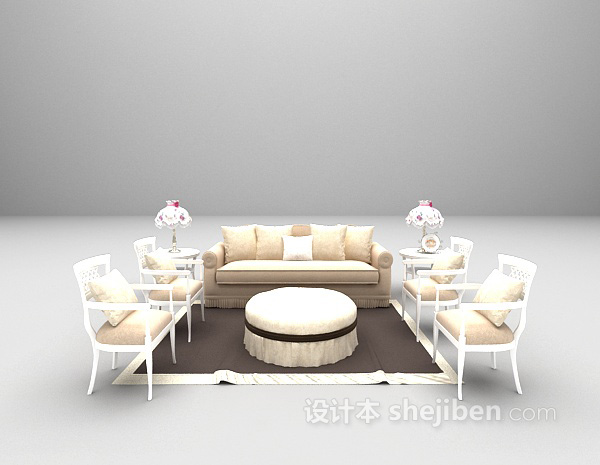 欧式浅色沙发椅组合3d模型下载