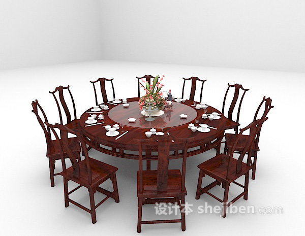 免费中式圆形餐桌3d模型下载