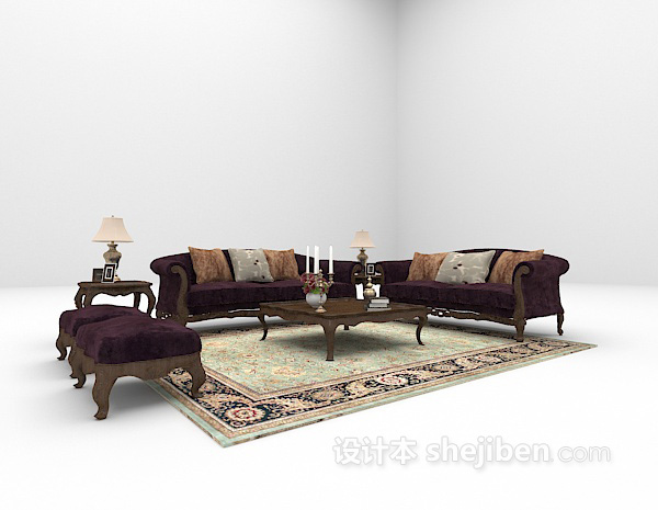 欧式风格紫色木质沙发3d模型下载