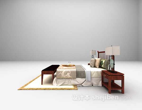 设计本中式木质床3d模型下载