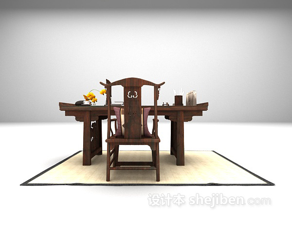 中式书桌免费3d模型下载