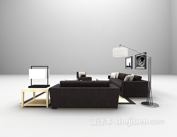 现代风格现代木质深色沙发3d模型下载