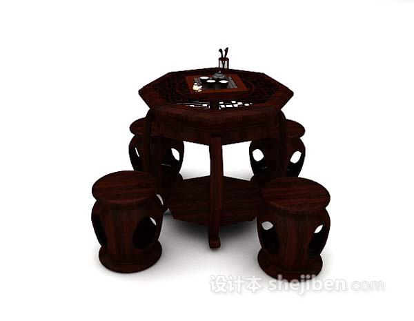 中式风格棕色木质桌椅组合3d模型下载