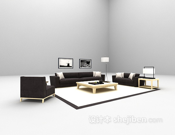 现代木质深色沙发3d模型下载