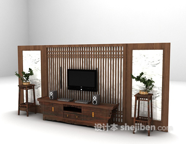 设计本中式棕色电视柜3d模型下载