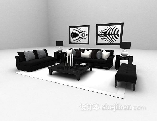 设计本现代黑色沙发组合3d模型下载