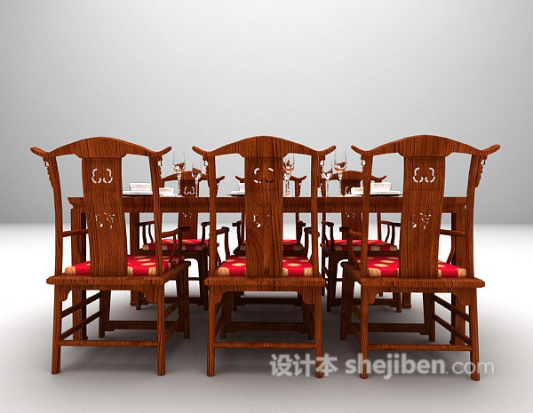 中式长形桌椅组合3d模型下载