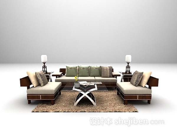 田园风格木质沙发3d模型下载