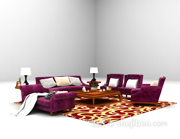 免费枚红色沙发组合3d模型下载