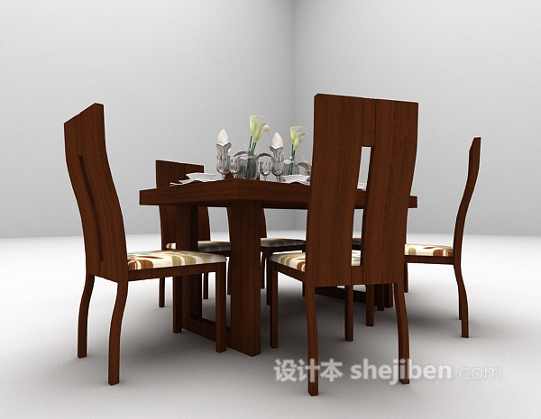 欧式风格棕色木质餐桌3d模型下载