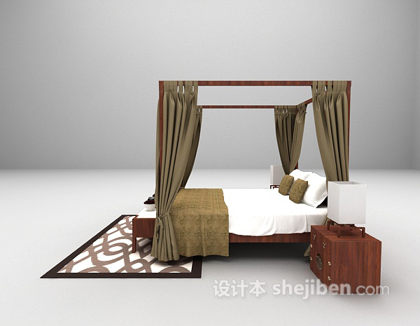 设计本中式双人床3d模型下载