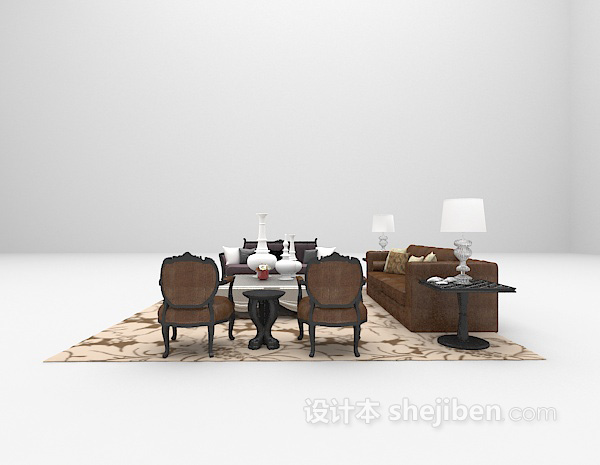 欧式风格欧式棕色皮沙发3d模型下载