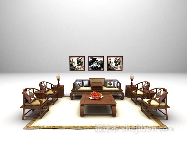 中式木质家庭沙发3d模型下载