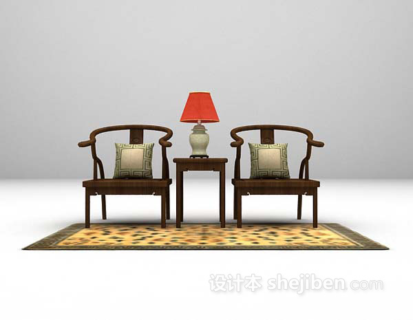 中式棕色桌椅组合免费3d模型下载