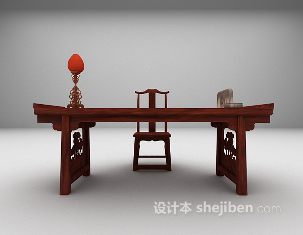 中式木质书桌3d模型下载