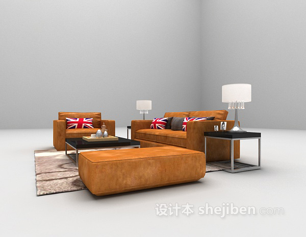 免费棕色矮沙发组合3d模型下载