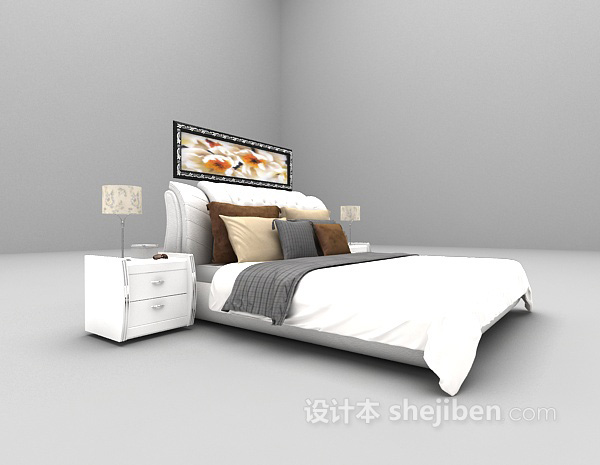 现代风格现代白色床3d模型下载