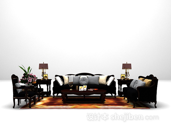 欧式风格黑色组合沙发3d模型下载