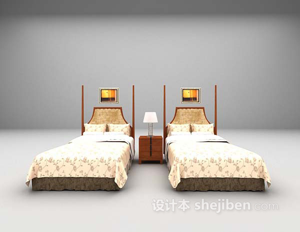 酒店单人床组合3d模型下载