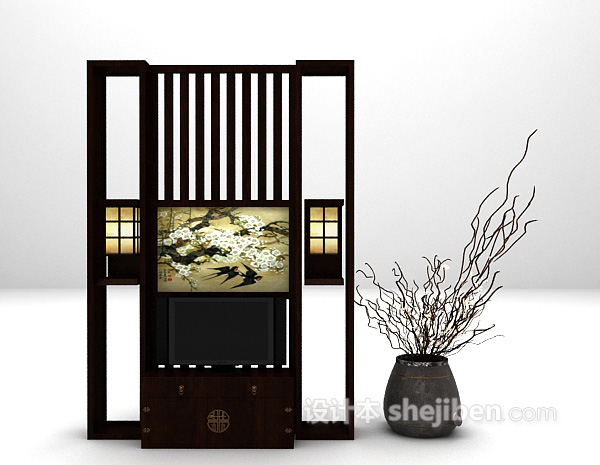 中式风格木质电视墙3d模型下载