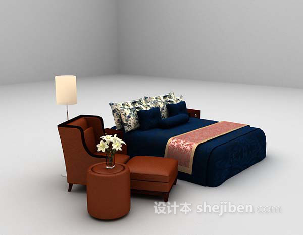 欧式风格蓝色床3d模型下载