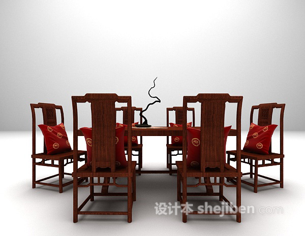 中式长形桌椅3d模型下载