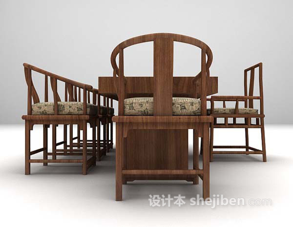 中式风格长形桌椅组合3d模型下载