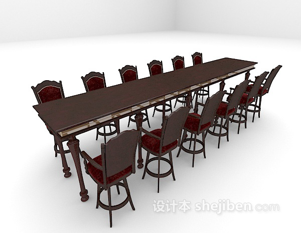 欧式风格长形桌椅组合3d模型下载